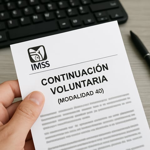 A closeup photograph showing a hand holding an official IMSS document titled in spahish Continuacin Voluntaria Modalidad 40 with a keyboard and pen in-2