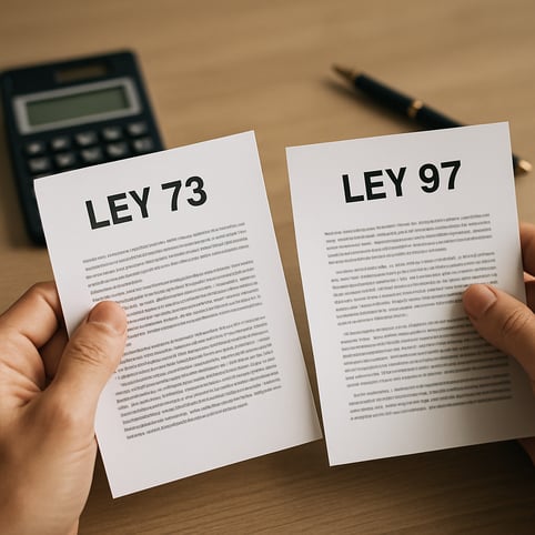 A closeup shot of hands comparing two documents labeled Ley 73 and Ley 97 with a calculator and pen clearly visible The background softly blurred to k