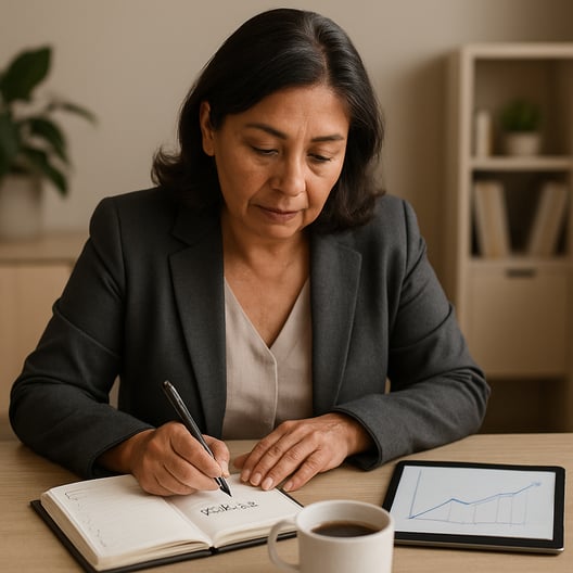 A realistic scene of a professionally dressed middle class Mexican man or woman around 50 years old in a home office marking goals in a planner next t